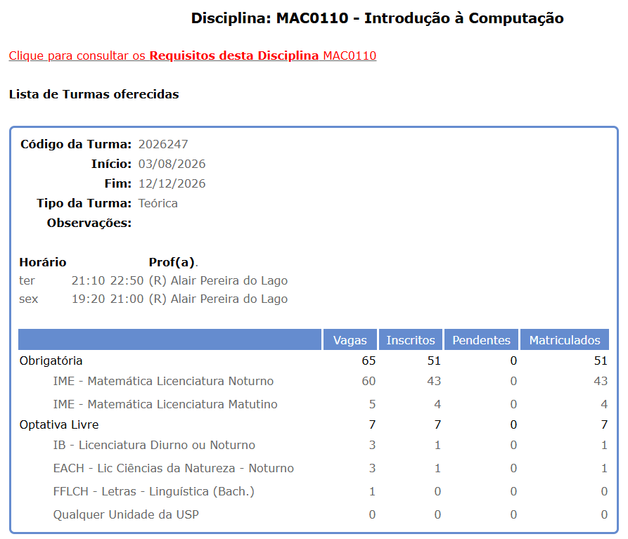Oferecimento de Turma de MAC0110