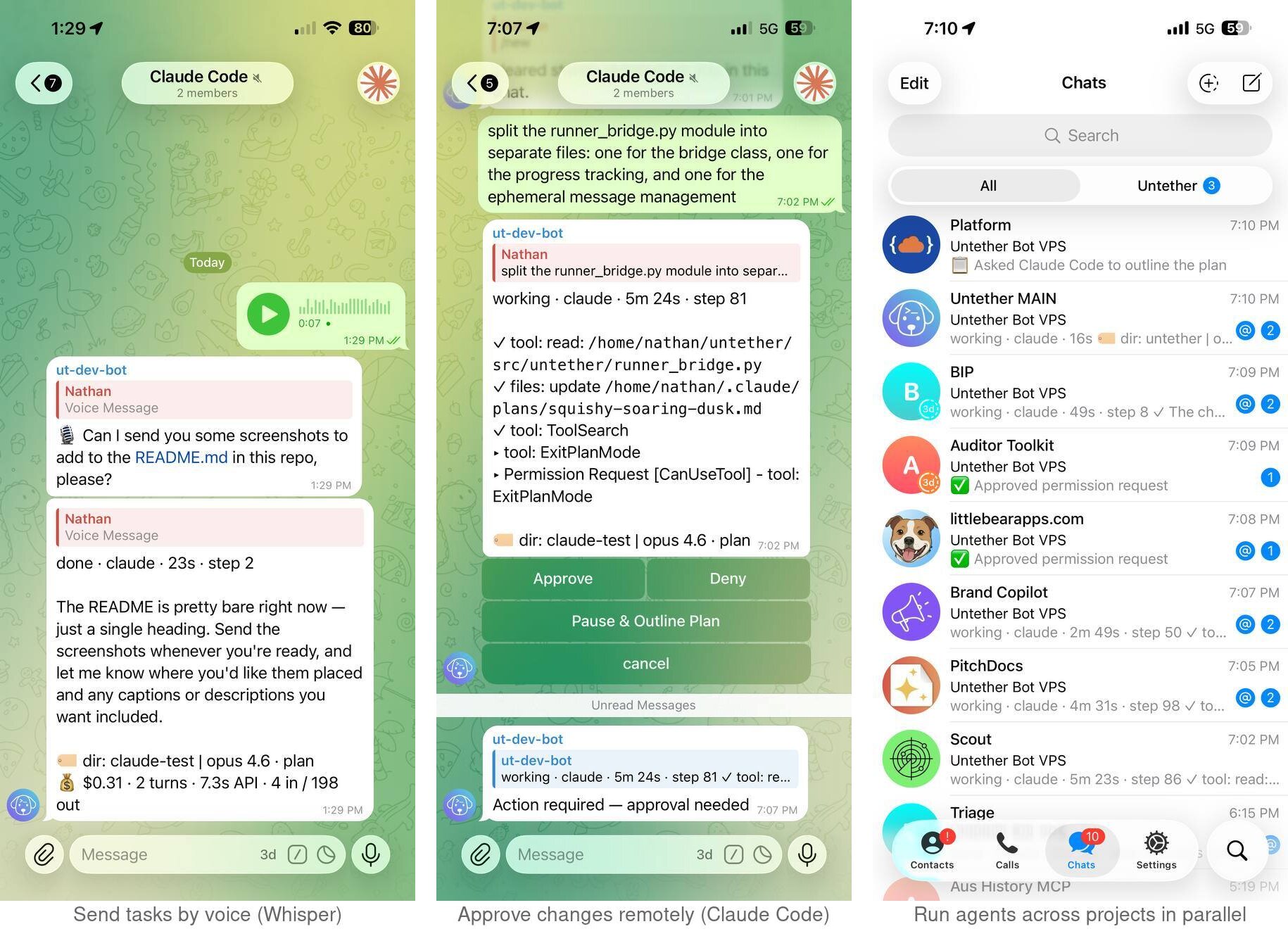 Send tasks by voice, approve changes remotely, configure from Telegram