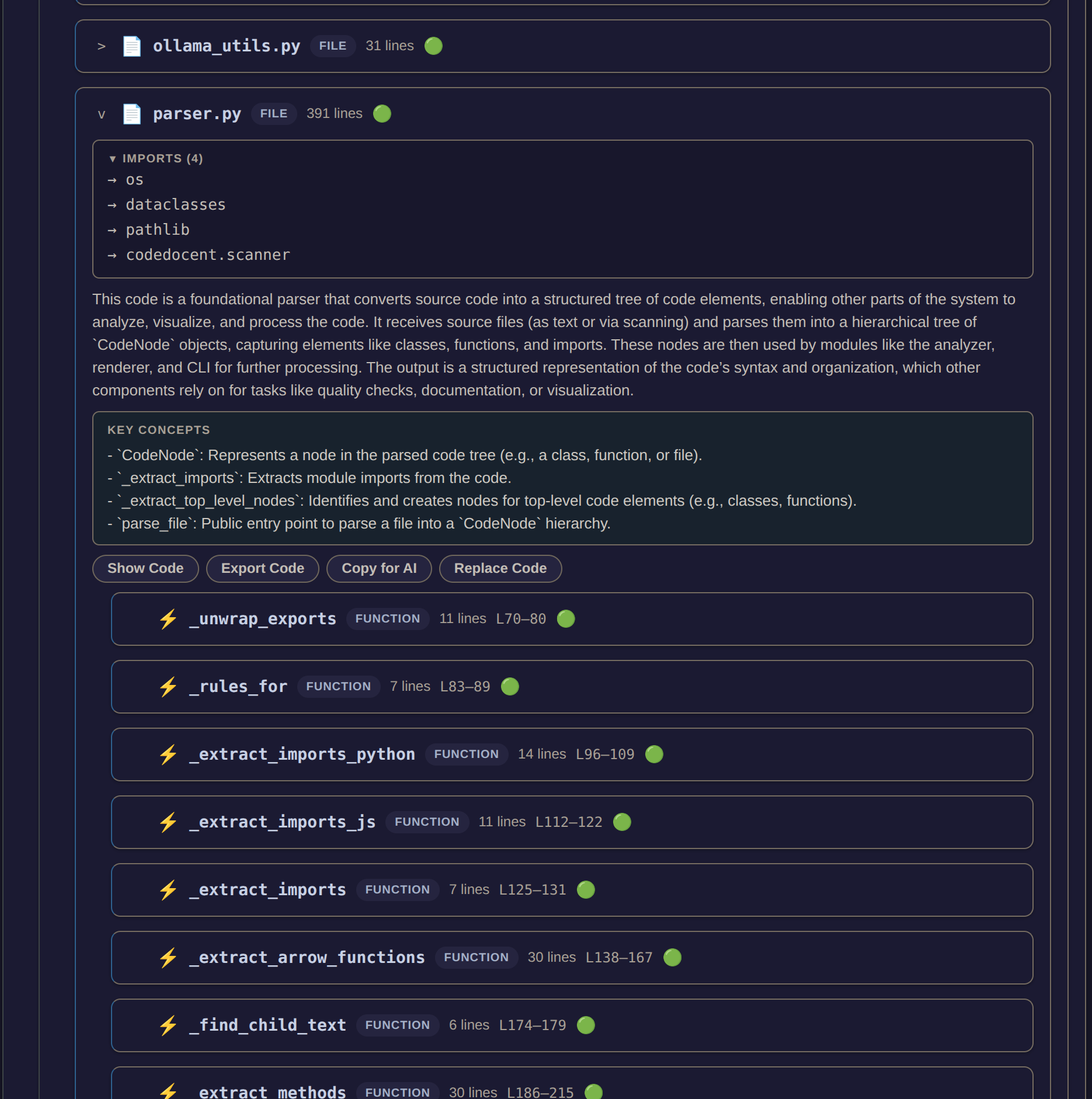 Enhanced AI summary showing ROLE, SUMMARY, and KEY CONCEPTS for parser.py
