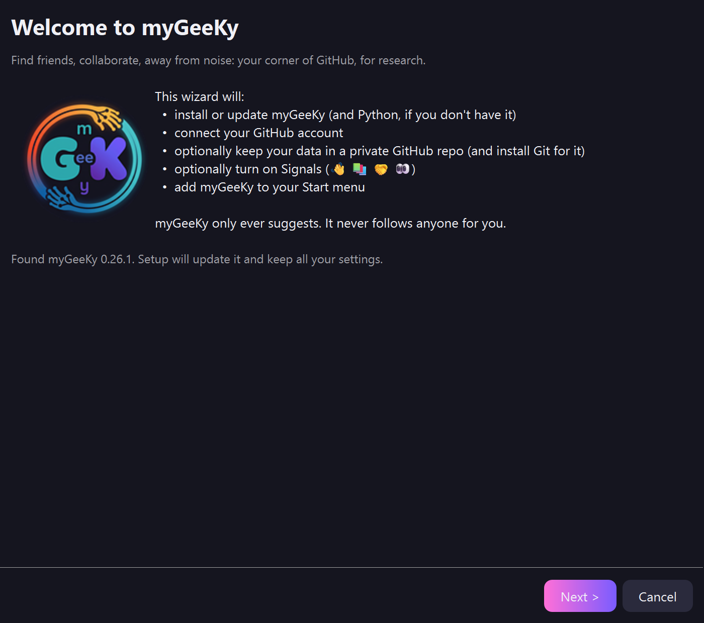 The setup window, asking what you work on