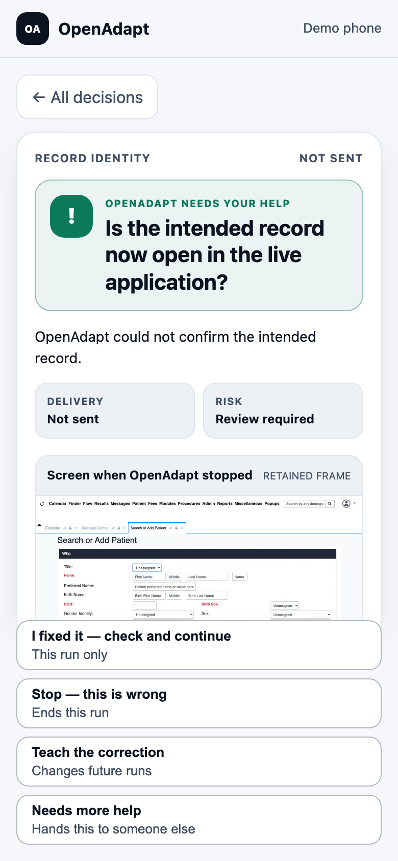 OpenAdapt Desktop phone page with synthetic data: an identity check, the stopped screen, and four allowed actions