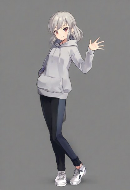 reference picture: a girl in a grey hoodie waving, legs crossed