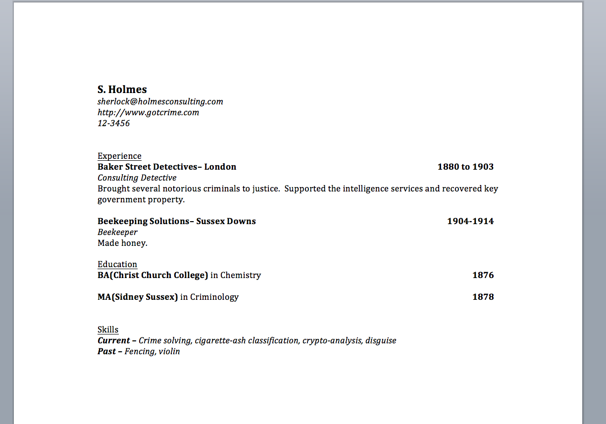 Word resume output