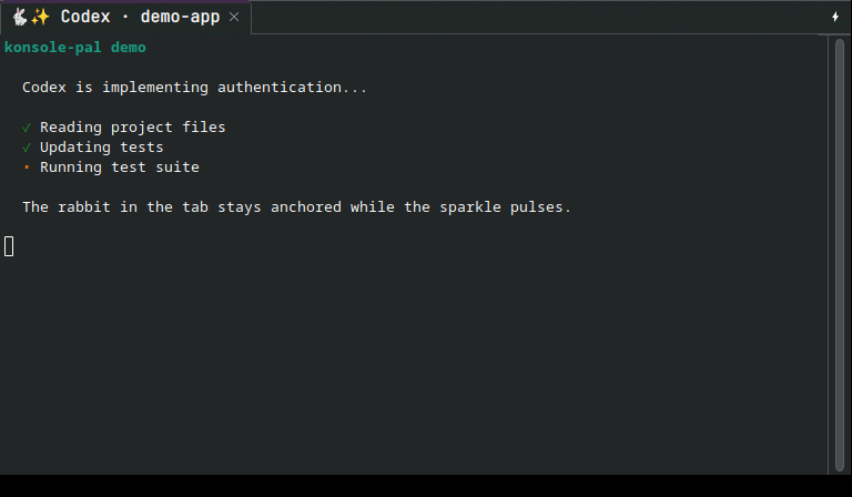 Real Konsole window showing the anchored konsole-pal rabbit and pulsing activity sparkle