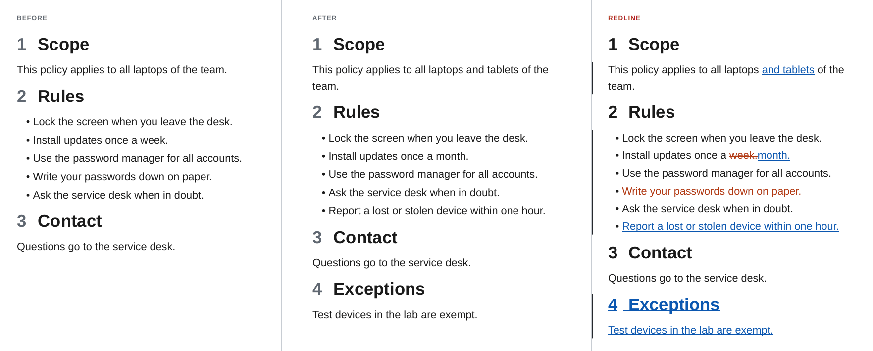 The same policy before and after a change, and the redline PDF with inserted, removed and changed text and change bars
