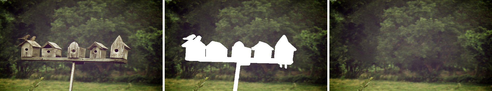 Birdhouses removed from a photo by patchmatch.inpaint