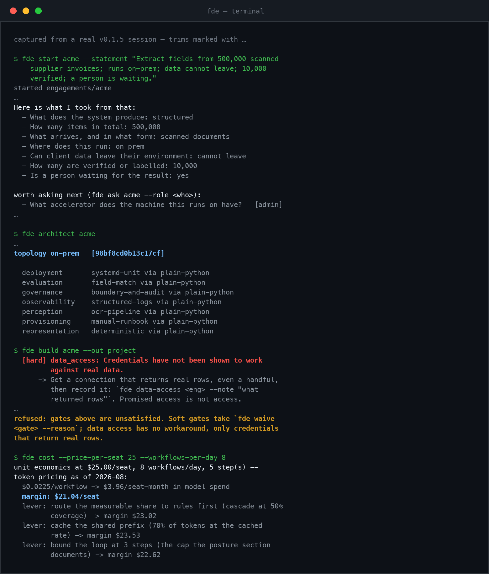 fde in a terminal: a paragraph becomes typed facts, an architecture with a fingerprint, and a build that refuses until the hard gate passes