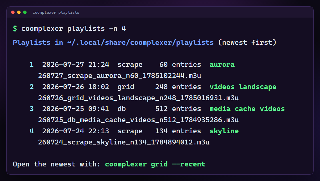 coomplexer playlists listing saved playlists newest first