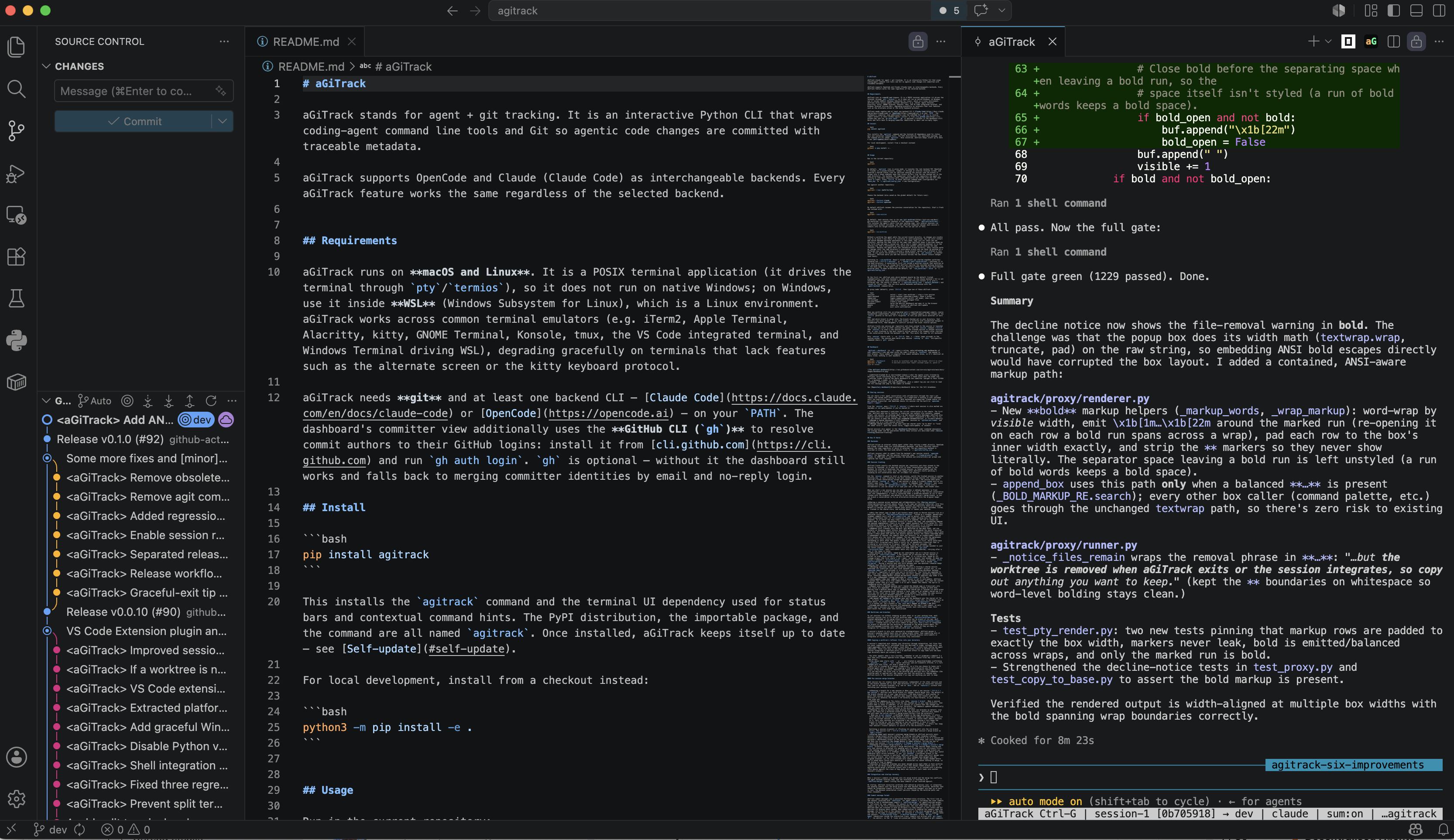 aGiTrack running inside VS Code via the extension