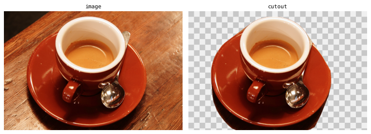 A photo of an espresso cup on a saucer on a wooden table, and the same photo with the table made transparent.