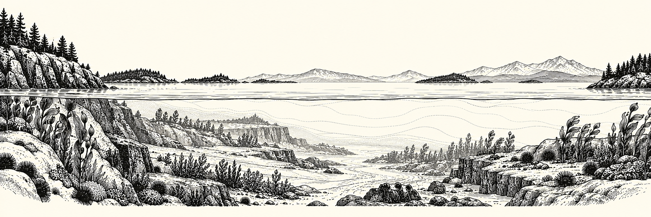 Illustrated sunlit kelp and rocky seafloor; decorative banner, not a data product