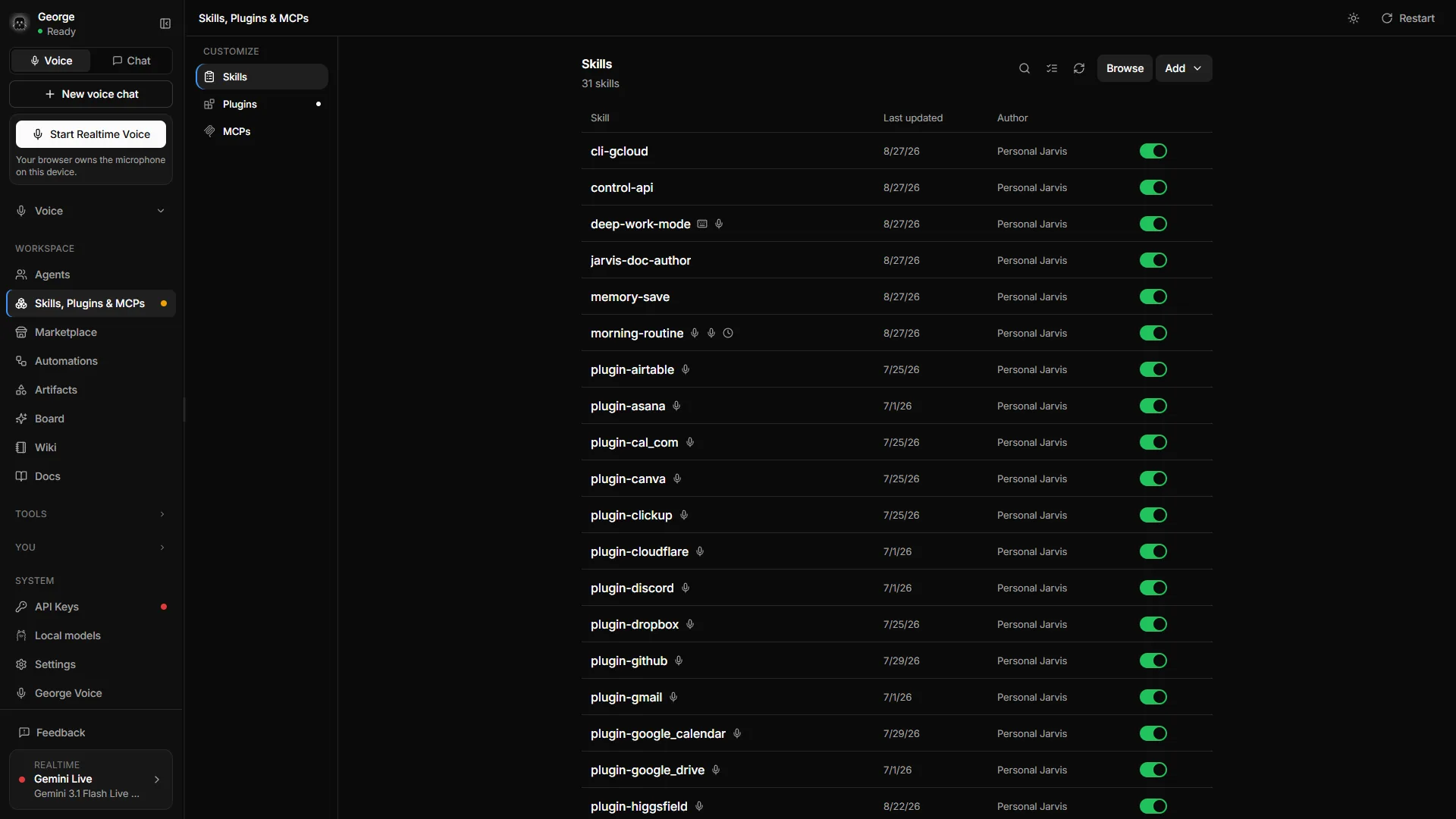 The Skills list: every installed skill with when it was last updated, who wrote it, and a switch to turn it off