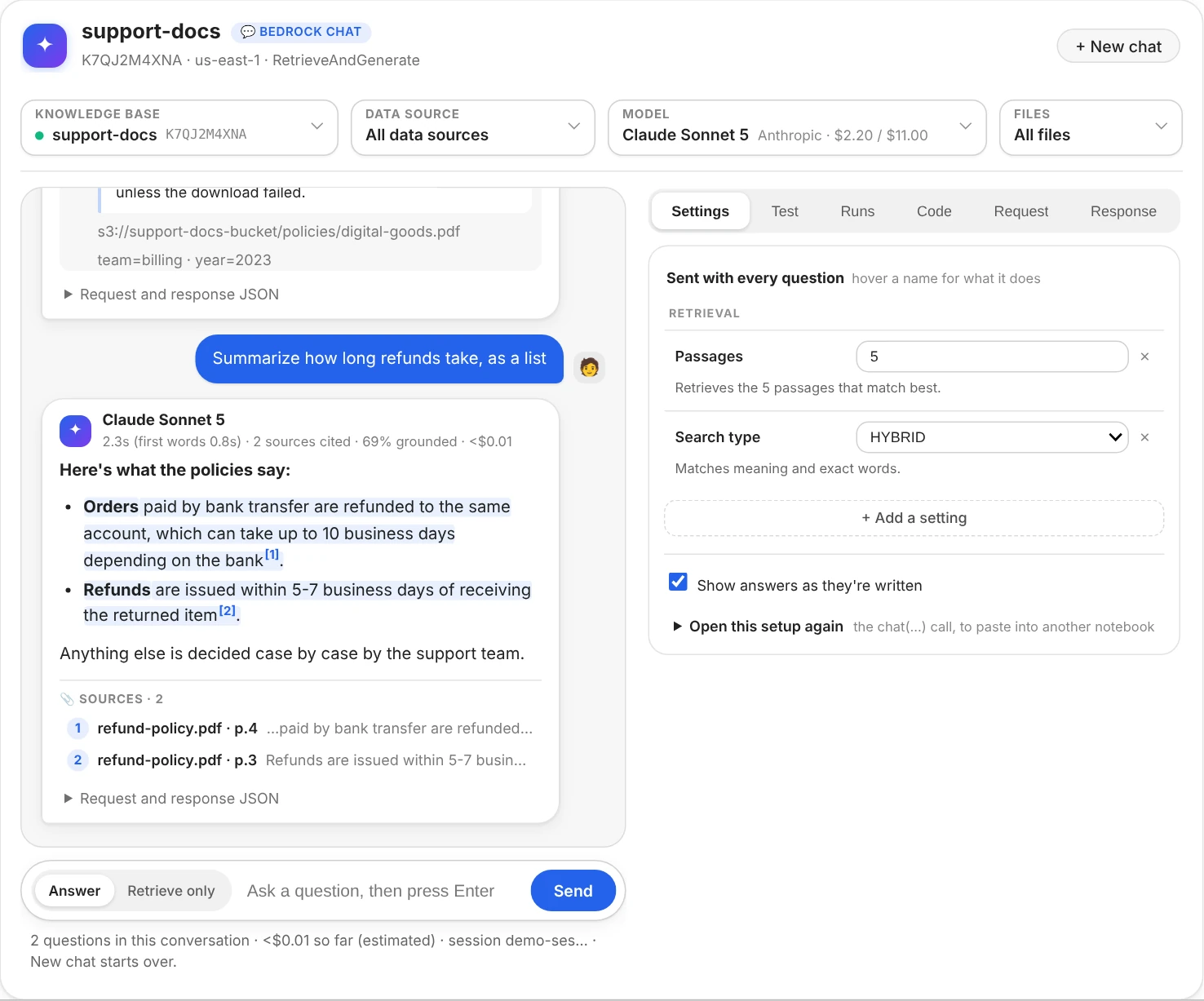 The chat window: four fields at the top, Knowledge base support-docs with its ID, Data source All data sources, Model Claude Sonnet 5 with its price, and Files All files; an answer about digital goods with its source opened, then a summary asked for as a list and answered in markdown, a bold lead-in and two bullets with their cited spans shaded and numbered, and its sources; on the right, the Settings tab with Passages and Search type, each on one line with its value beside its name and explained in a sentence, and a button to add a setting