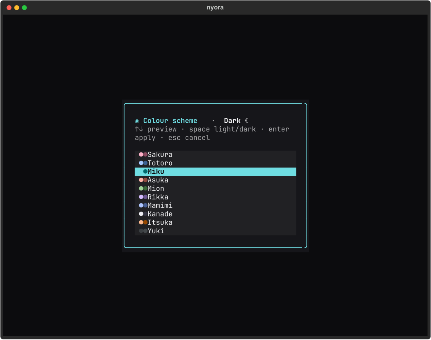 Colour-theme picker — 10 schemes, light and dark