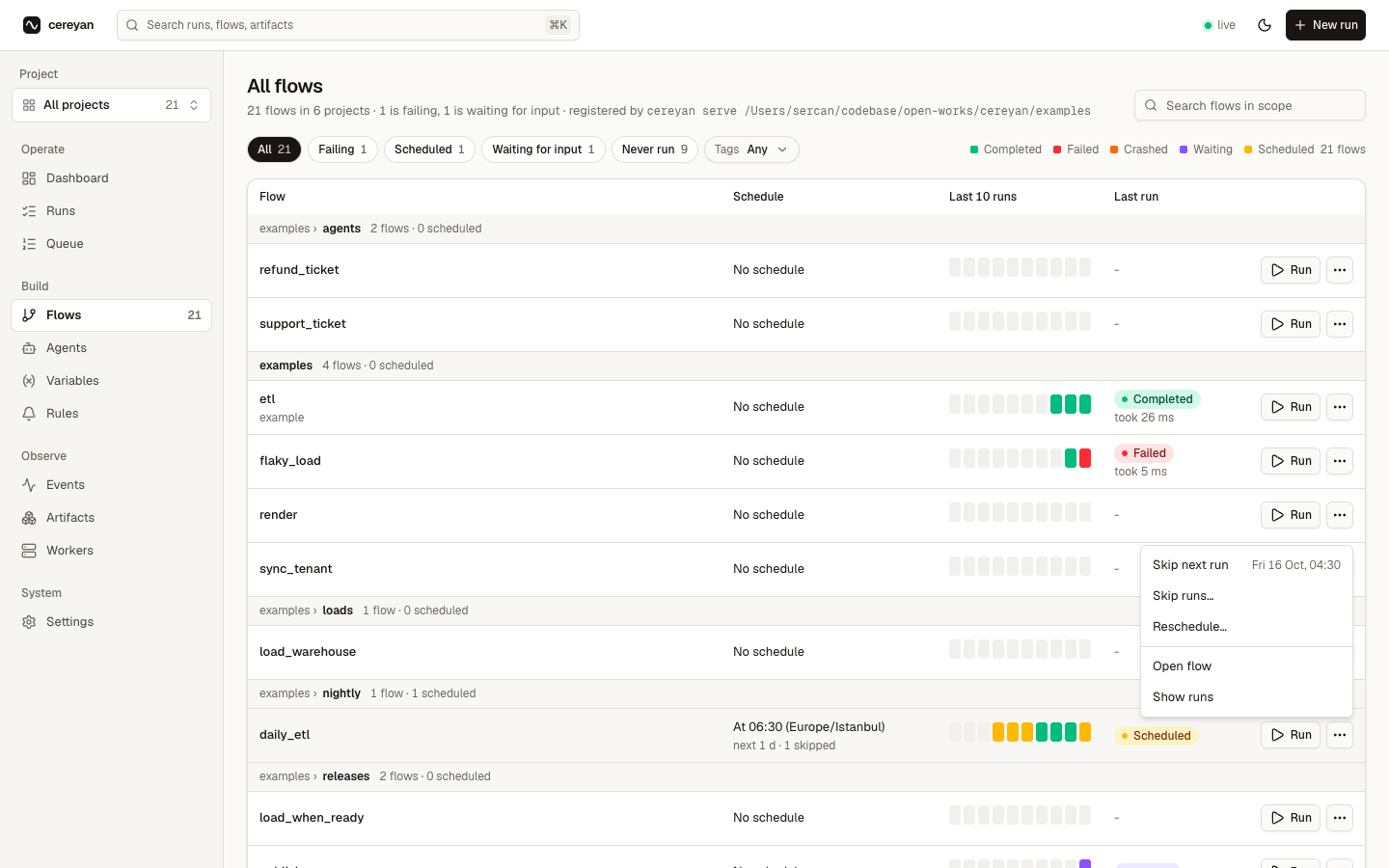 Flows beside the sidebar, banded by group under the Failing, Scheduled, Waiting for input and Never run chips, a scheduled flow's row menu open on Skip next run, Skip runs and Reschedule, over rows with schedules in words and the last ten runs as squares