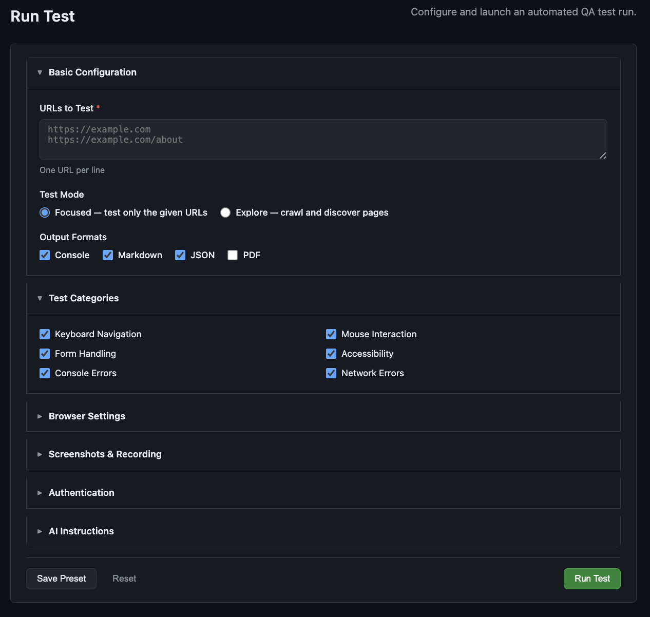 Web interface configuration form