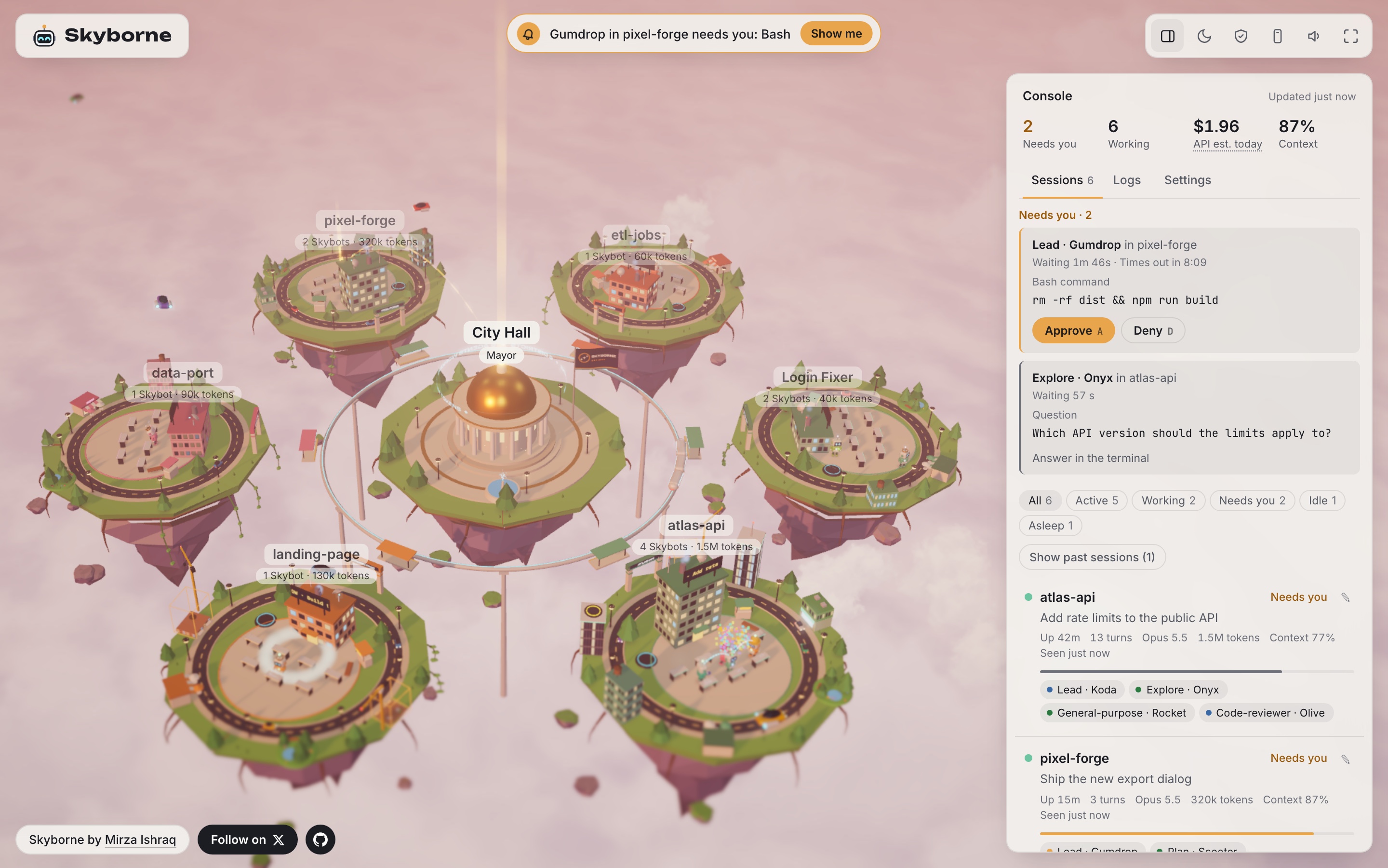 The Skyborne city at dusk: floating districts around City Hall, a Needs you card asking to approve a command, and the console listing every session