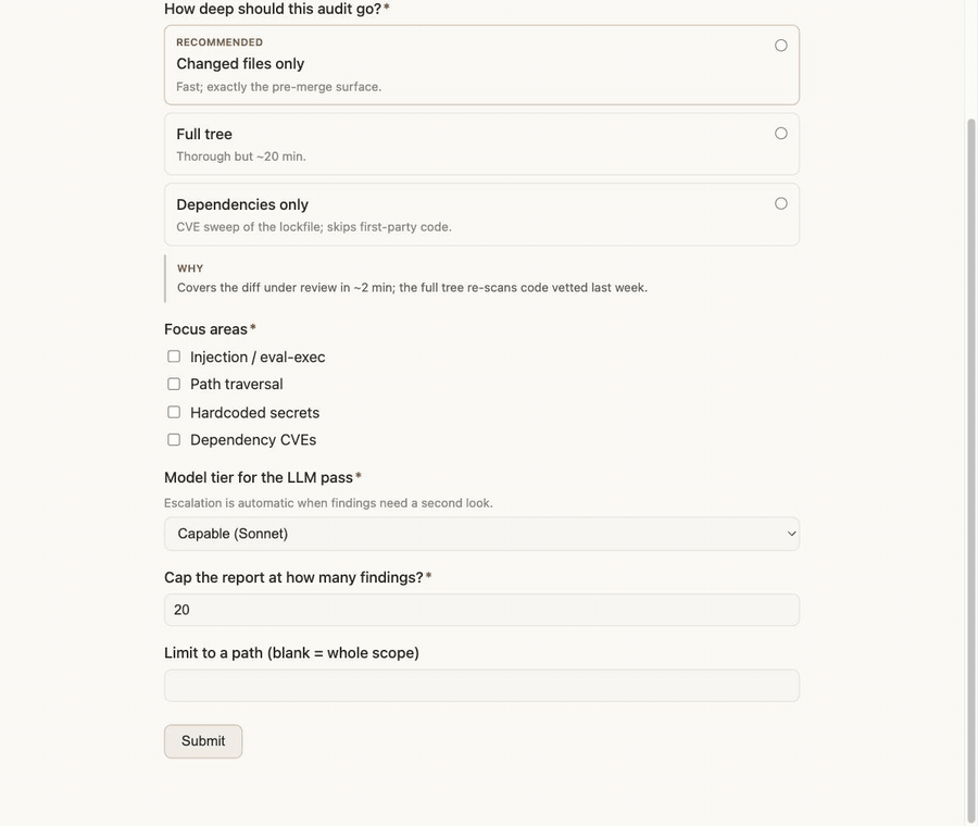An attune-forms decision form being filled: an empty submit is caught by validation, then a recommended decision card, multi-select checkboxes, a dropdown, a number field, and a path are set and submitted