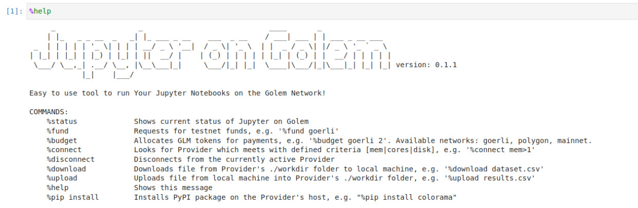 Screenshot of a Golem help output in JupyterLab web interface.