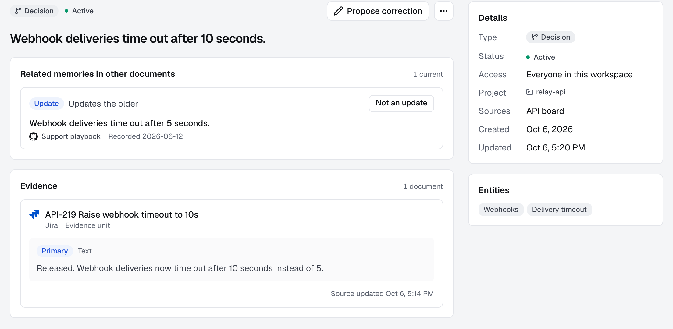 A memory in the admin UI: a decision from a Jira ticket that updates an older memory from the support playbook, shown with the ticket text it rests on.