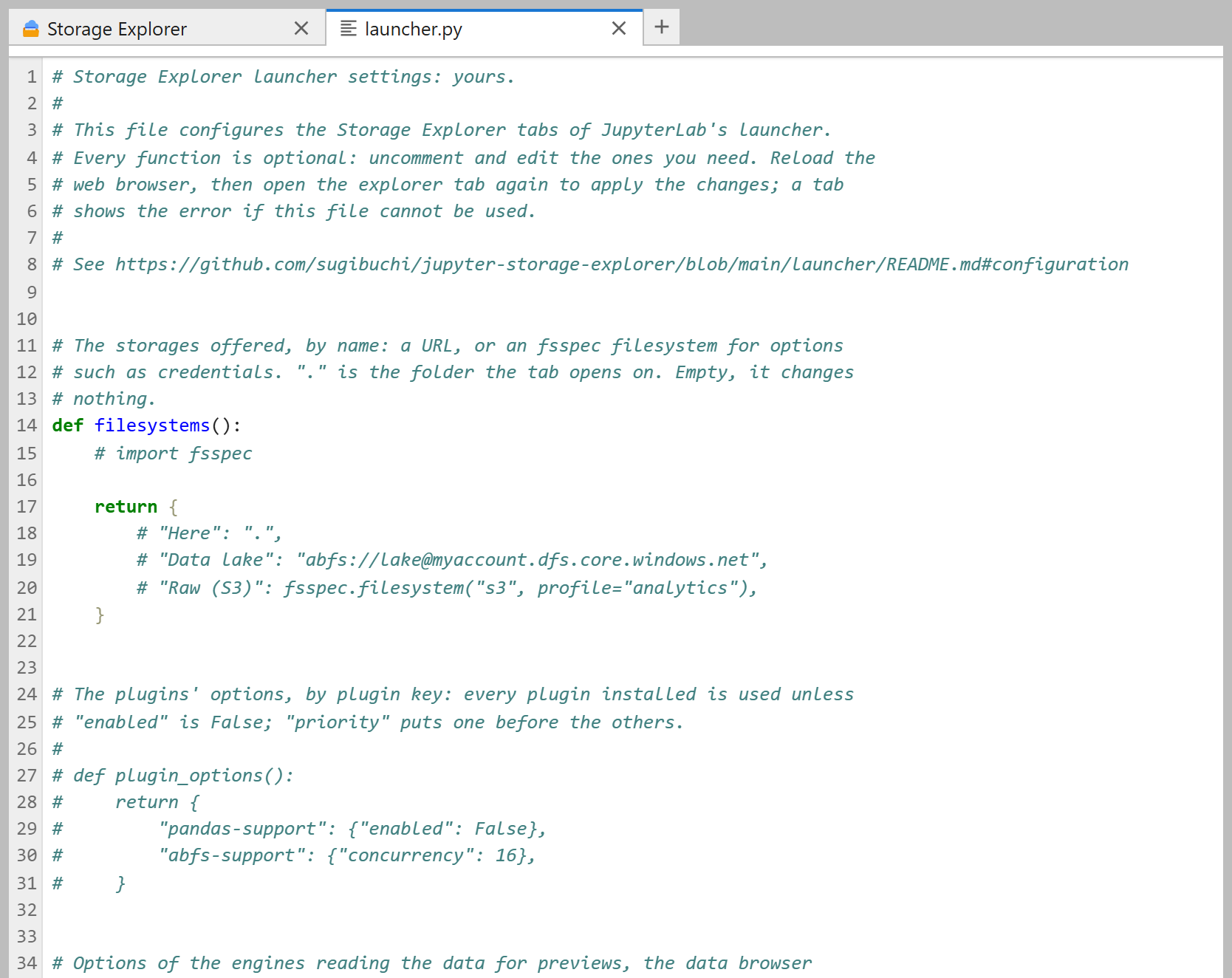 launcher.py, created from the template, open in JupyterLab's editor beside the Storage Explorer tab