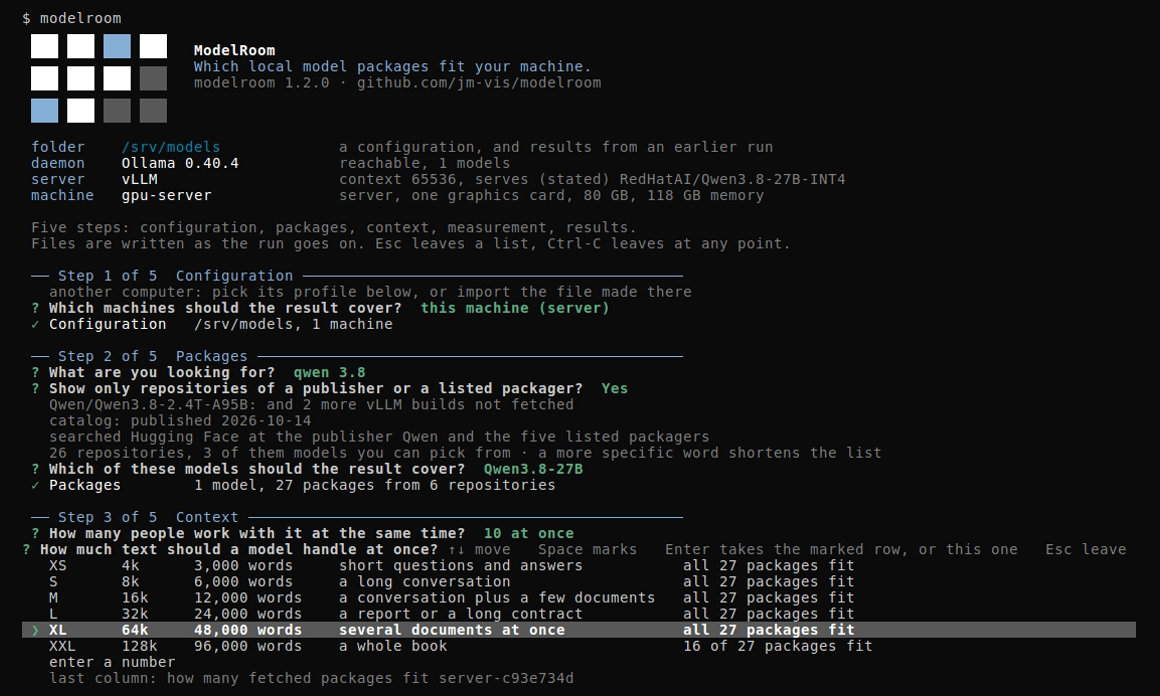 Step 3: the context scale from XS to XXL, with how many of the 27 fetched packages fit at each level, XL under the pointer