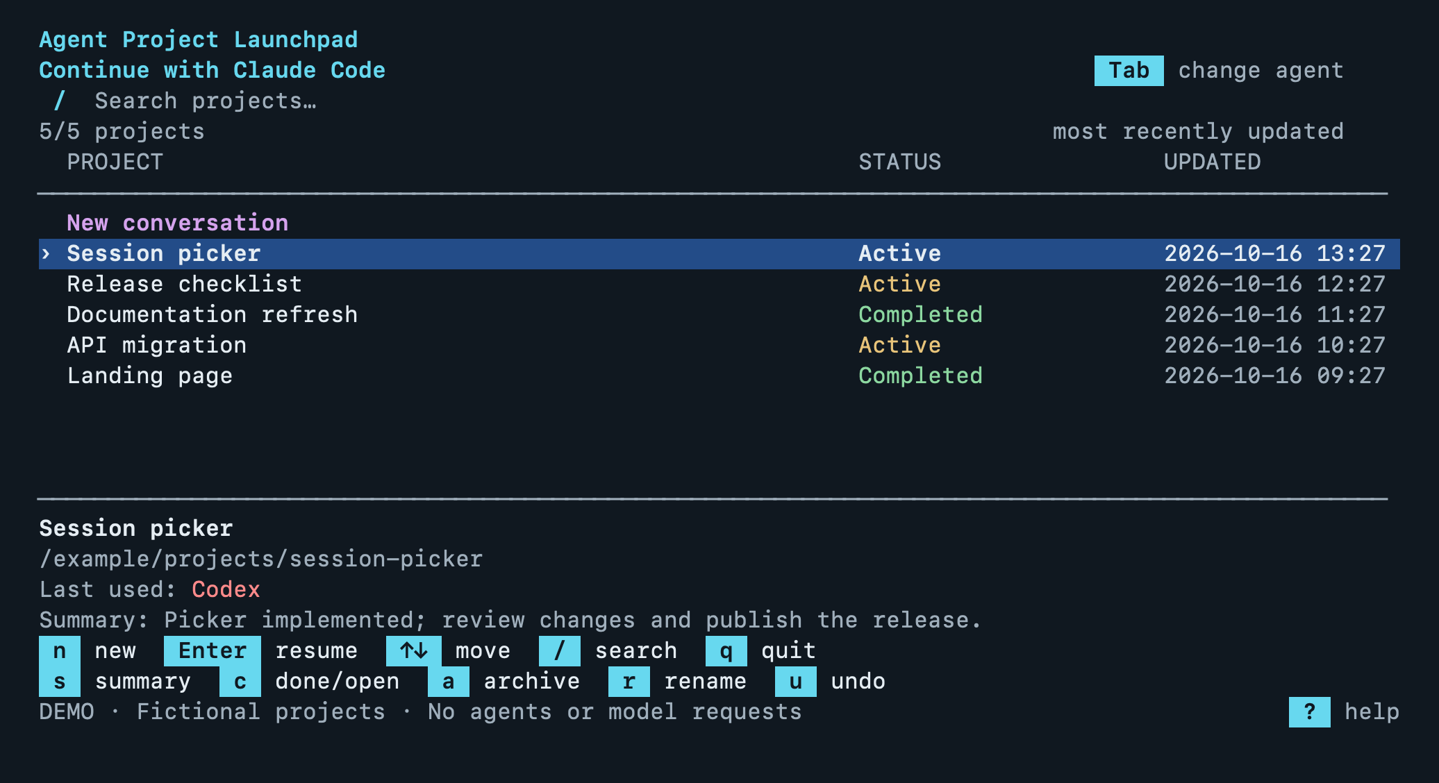 Agent Project Launchpad picker showing projects, lifecycle status, agent switching, and keyboard controls