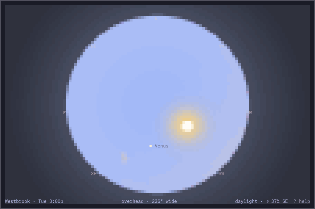 the whole sky from an August afternoon into the night: the Sun and a half Moon crossing, the sunset turning the sky pink, the stars and the Milky Way coming out, and the sky turning