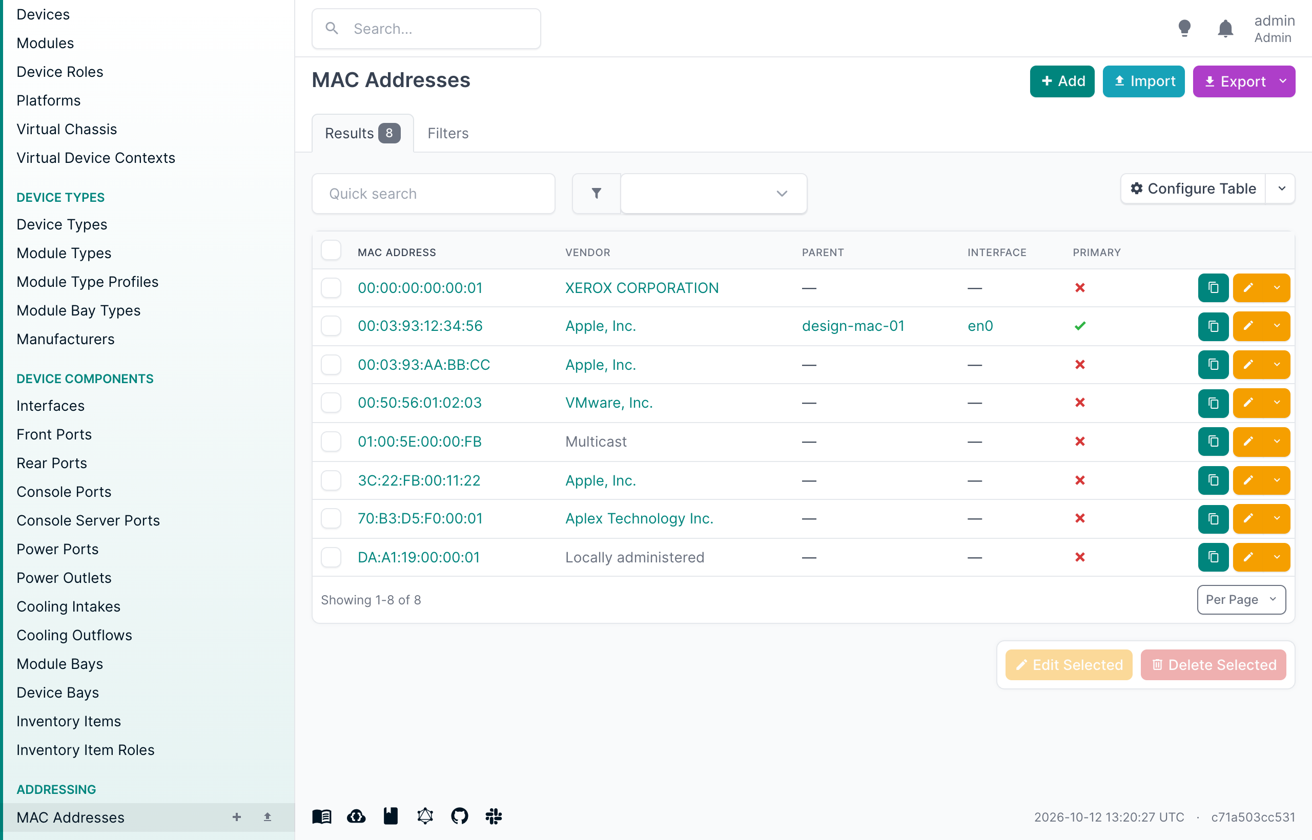 Vendor column on the MAC address list