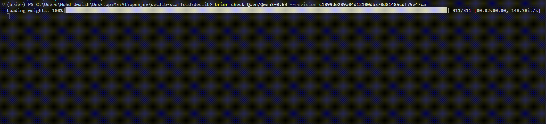 brier check running on Qwen3-0.6B: every check passes and the supported levels are listed