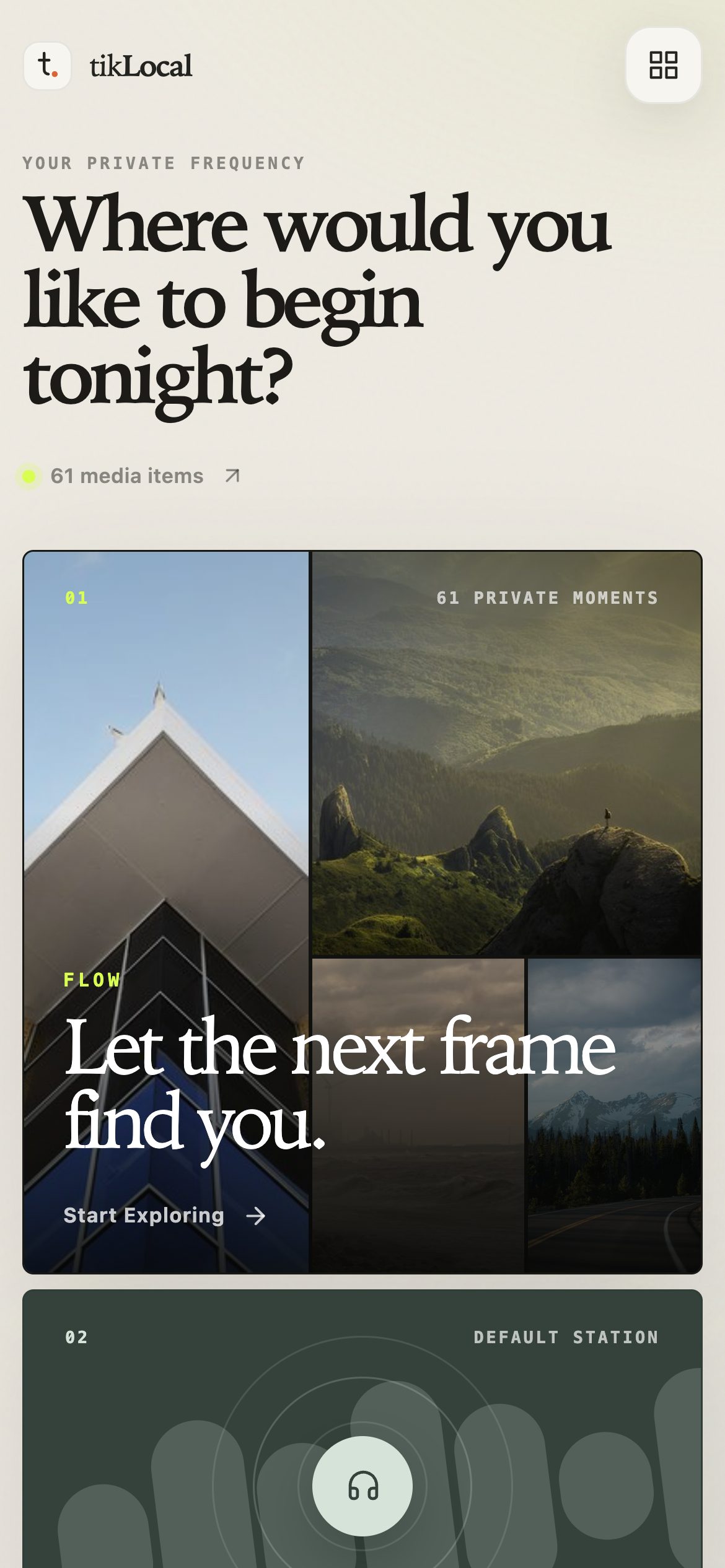 Home: a collage of recent photos with entry points to Flow and Radio
