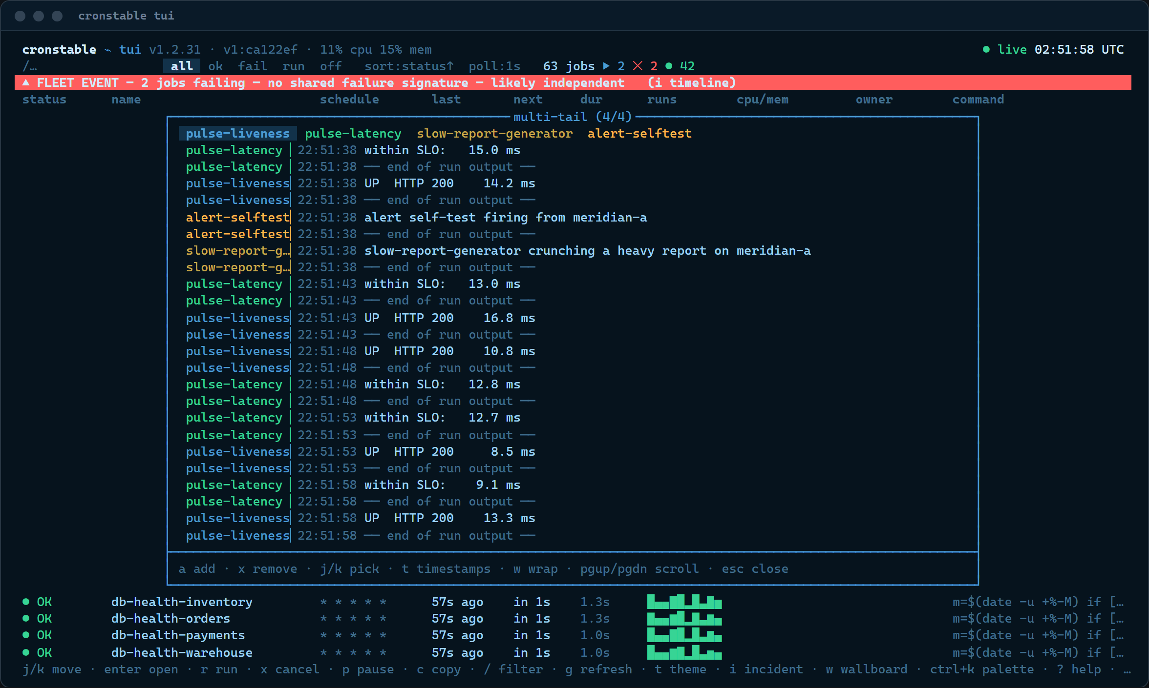 The multi-tail console merging four jobs' live logs with identity-colored prefixes and end-of-run markers