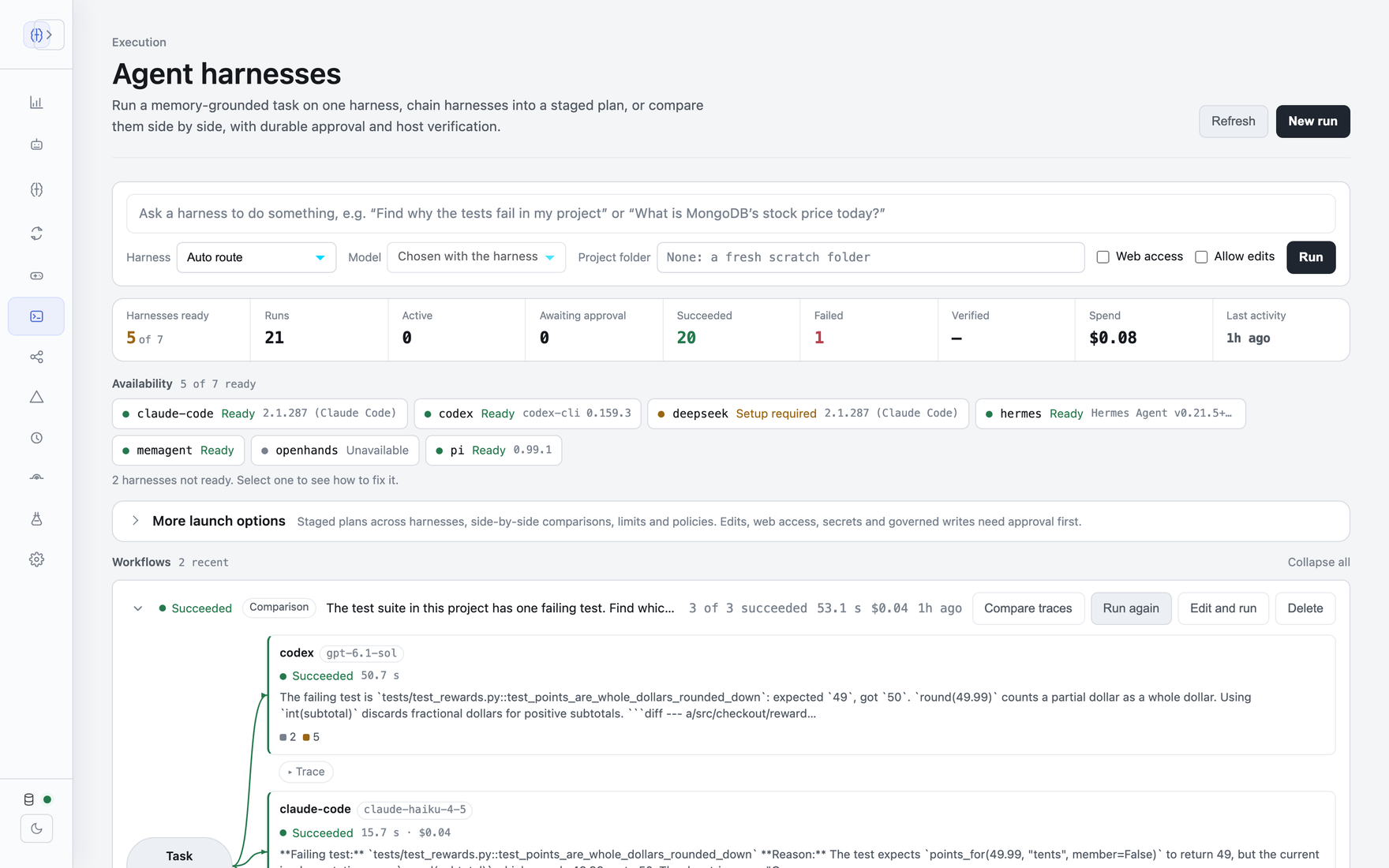 The MemoRizz harness dashboard: launch a task on a harness, see which harnesses are ready on this machine, and follow plans and comparisons across Codex, Claude Code and MemAgents.