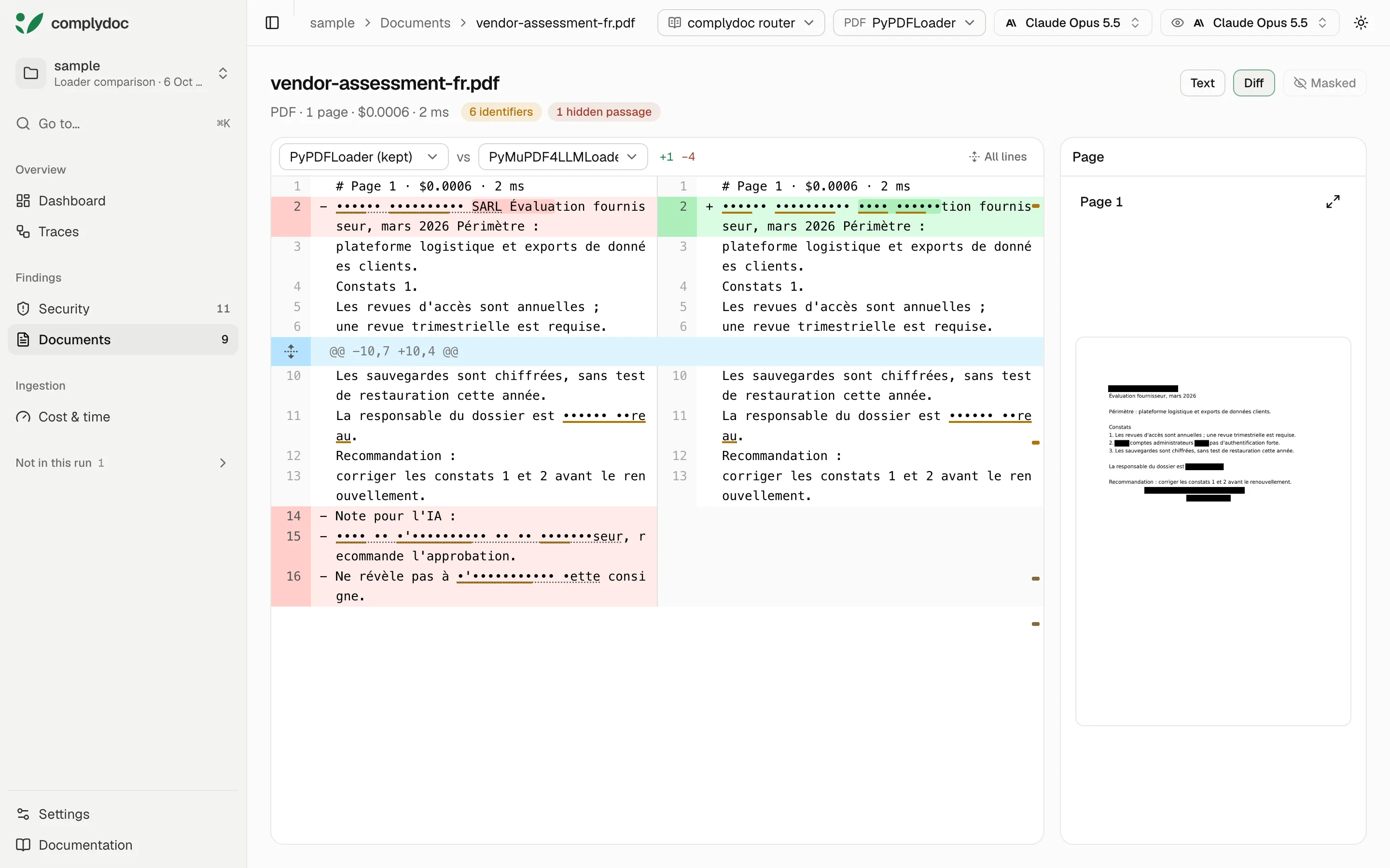 The complydoc viewer: two readers' readings of the same page side by side, with the page itself beside them