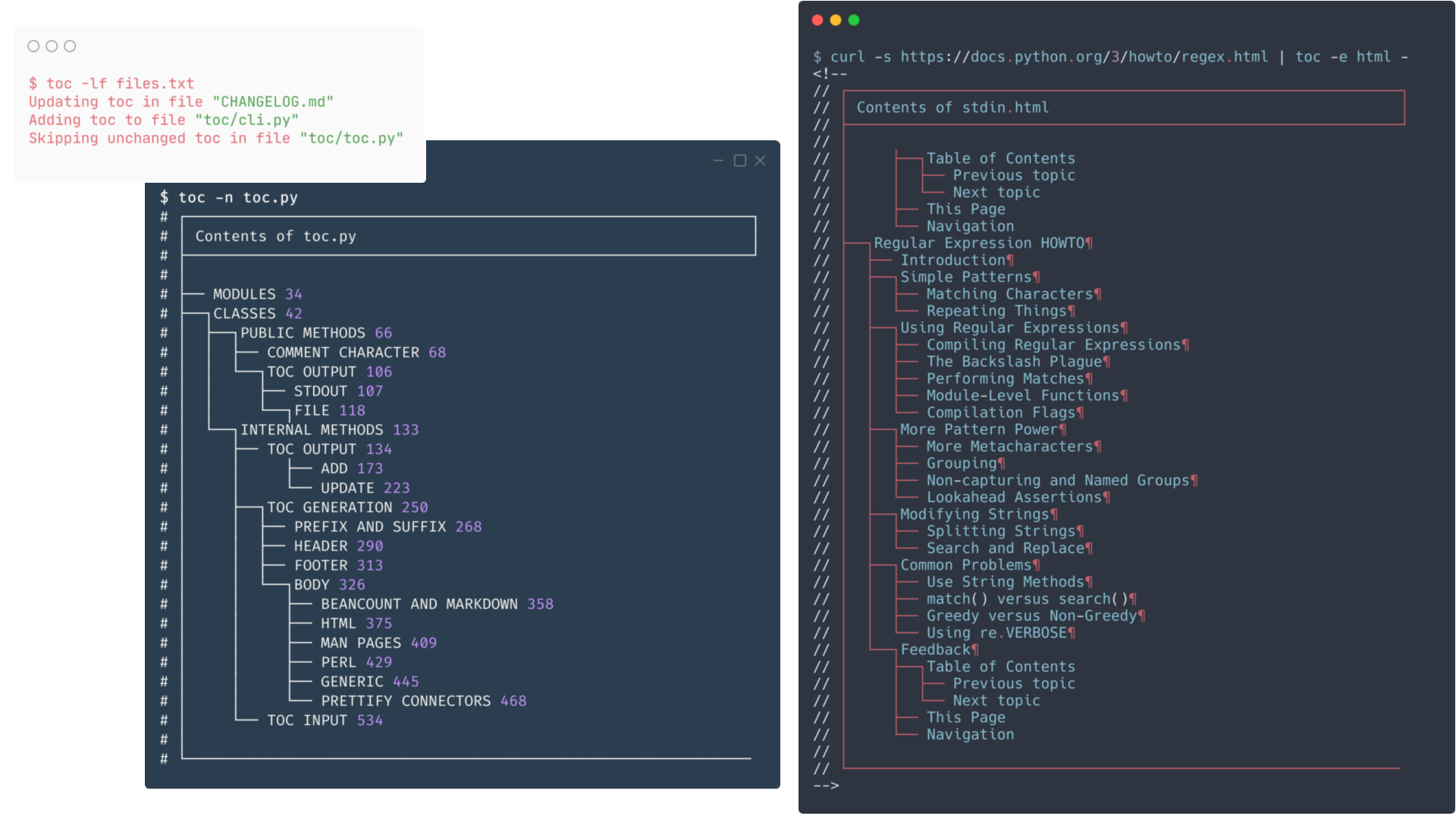 Example table of contents generated by toc