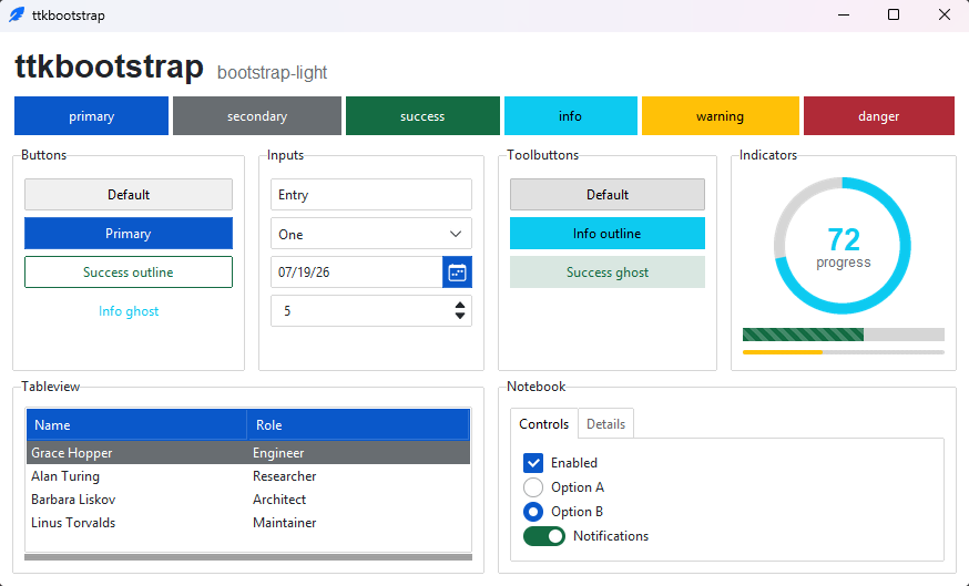A ttkbootstrap window: color swatches above themed buttons, inputs, a meter, a table, and a notebook