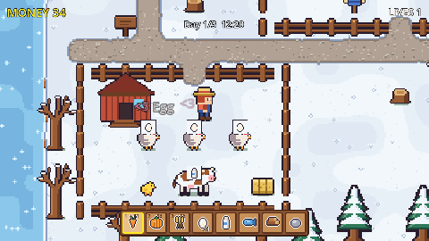 A winter farm: snow, snowy pines, bare trees