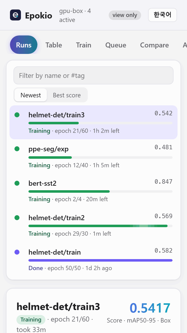 The Epokio page on a phone with a view-only token: a run turns Done, a tap opens a Hugging Face run, and its score goes up when a new checkpoint lands