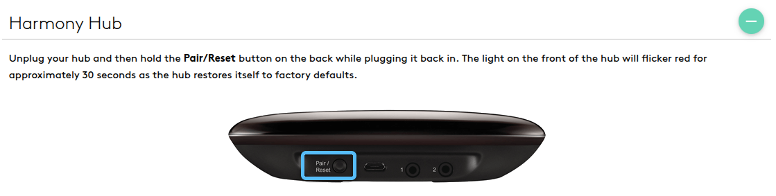 Harmony Hub Pair/Reset button location