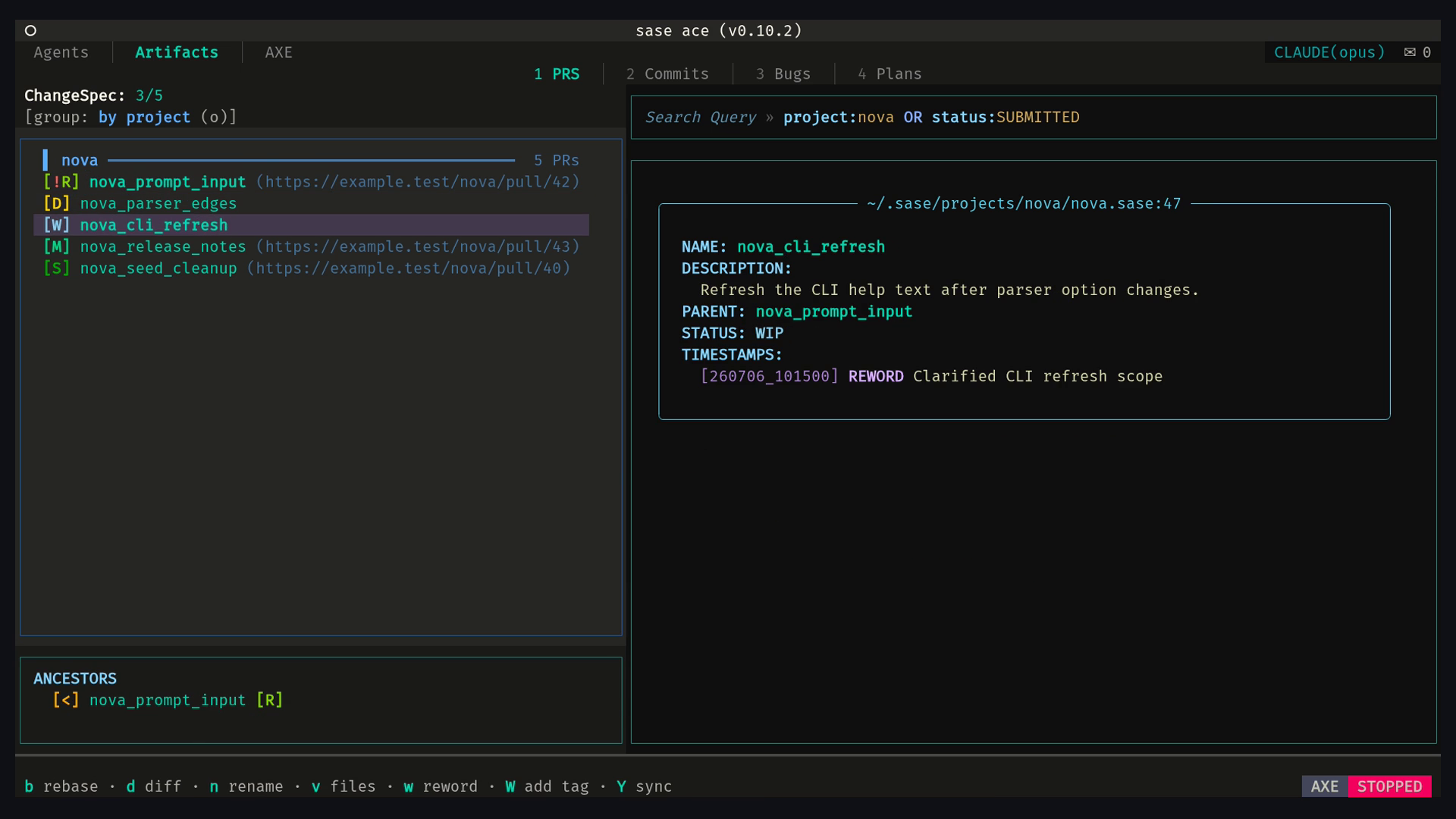 SASE ACE PRs tab showing ChangeSpecs moving through the review and submission pipeline