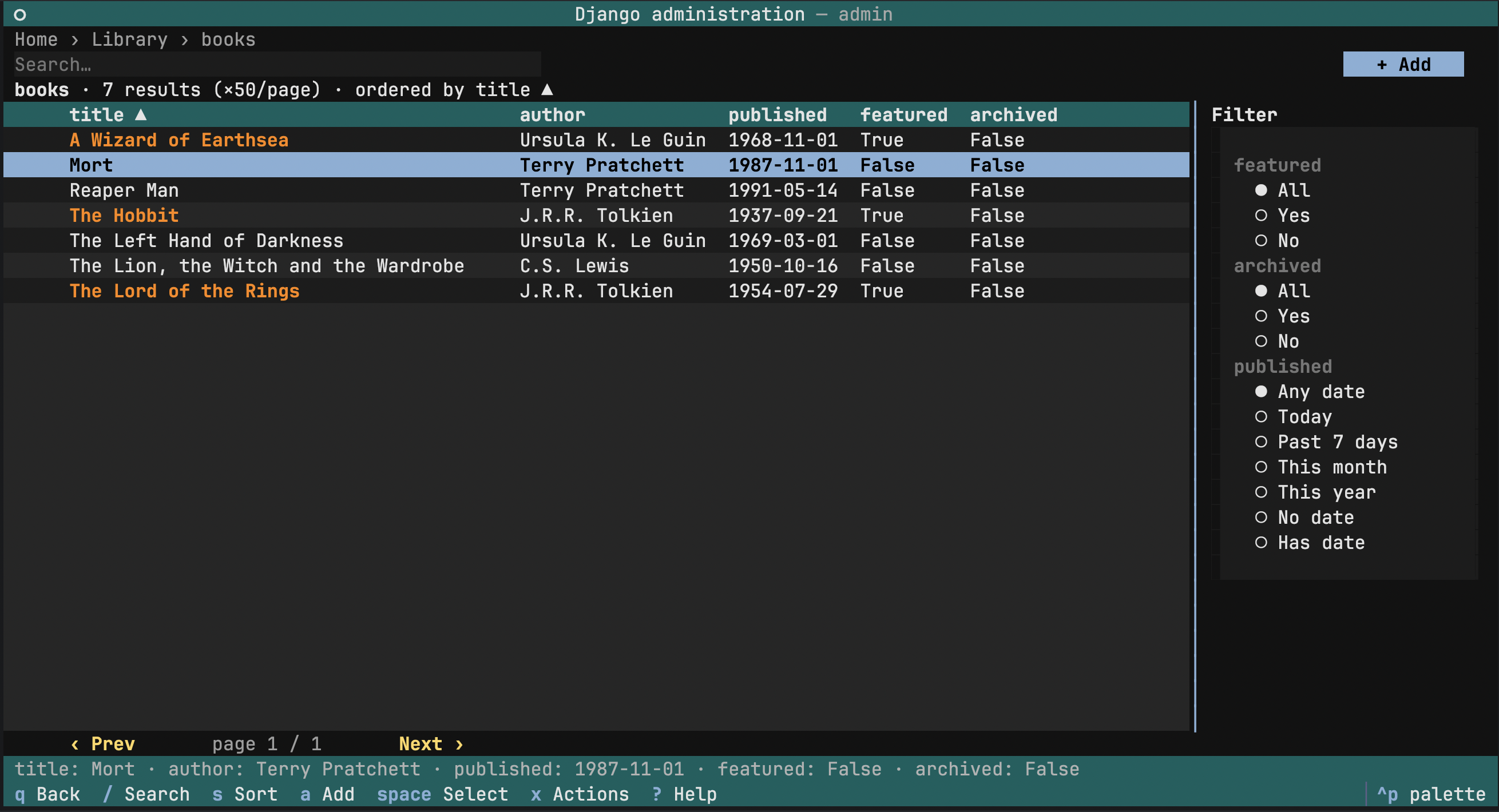 dj-admin-tui — the changelist screen: a sortable books table, a filter sidebar, pagination, and a keymap footer