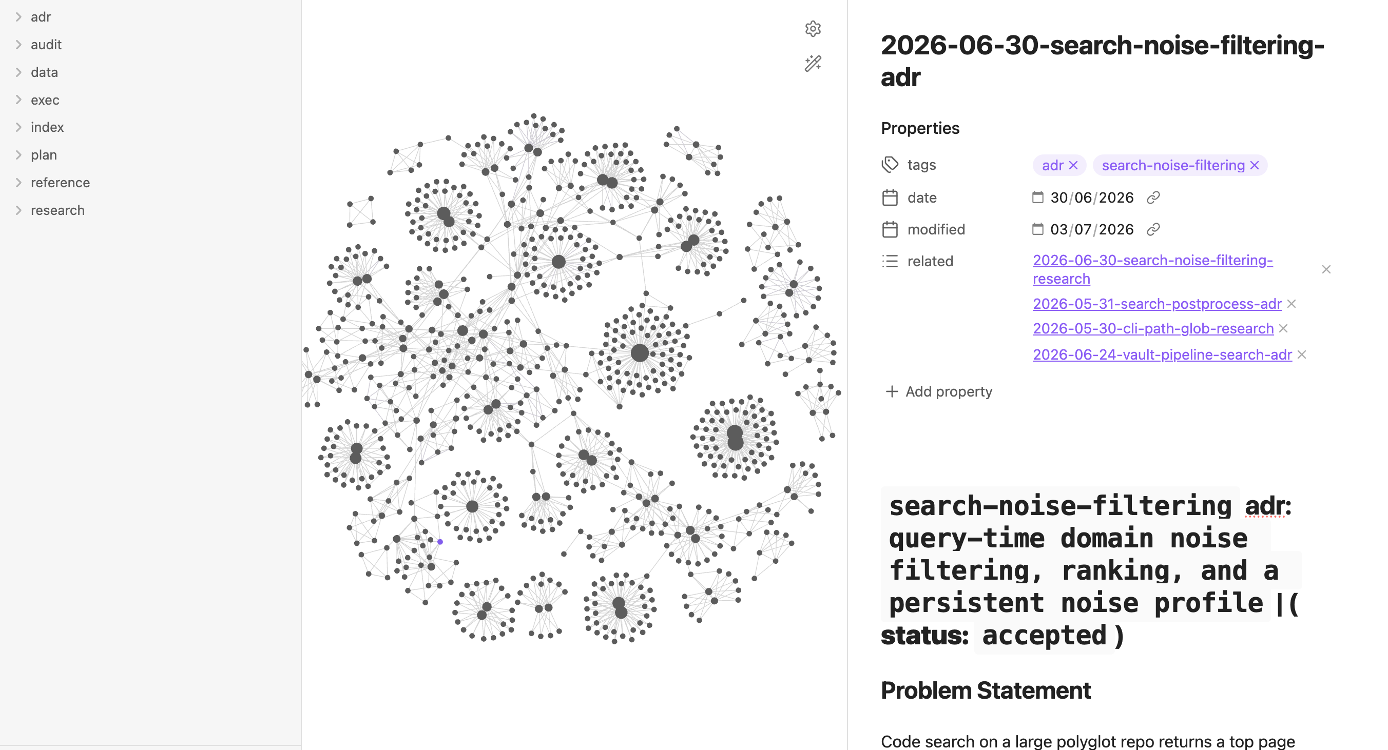 A vaultspec vault opened in Obsidian - the document corpus as a graph network on the left, an accepted ADR with its tags, dates, and related wiki-links on the right