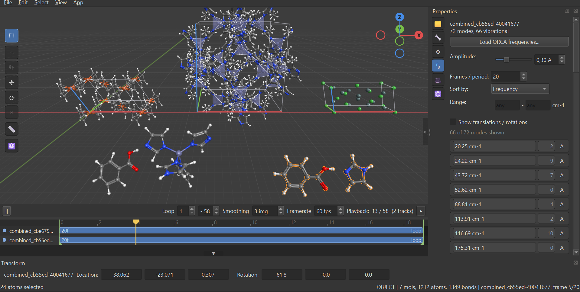 Two ORCA frequency jobs animating on separate timeline tracks, alongside several other imported structures