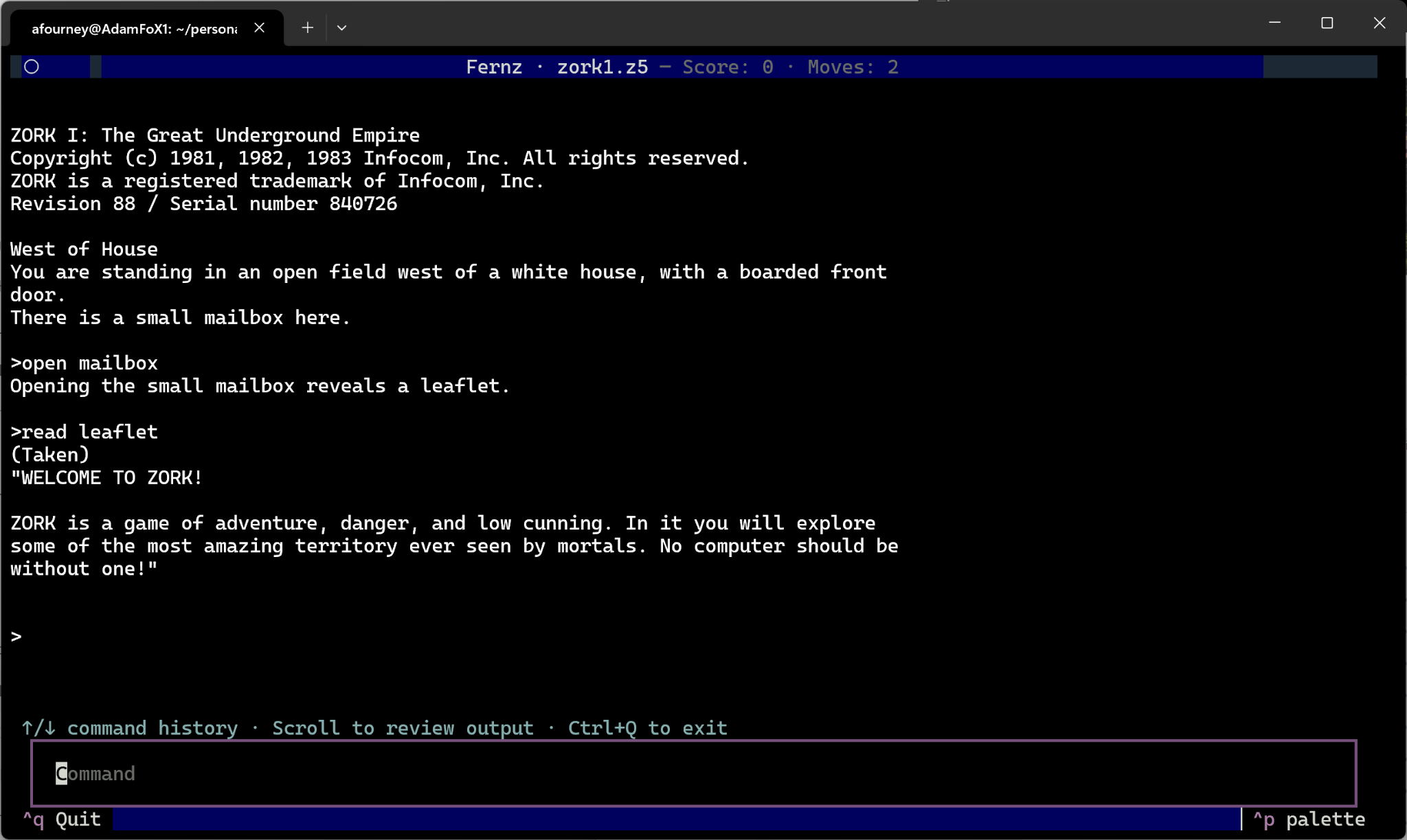 Zork I running in the Fernz terminal interface