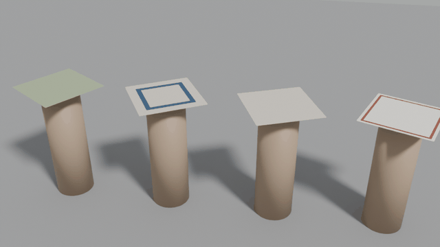 Four 40 cm squares (silk, plain cotton, linen, denim) falling onto their pedestals