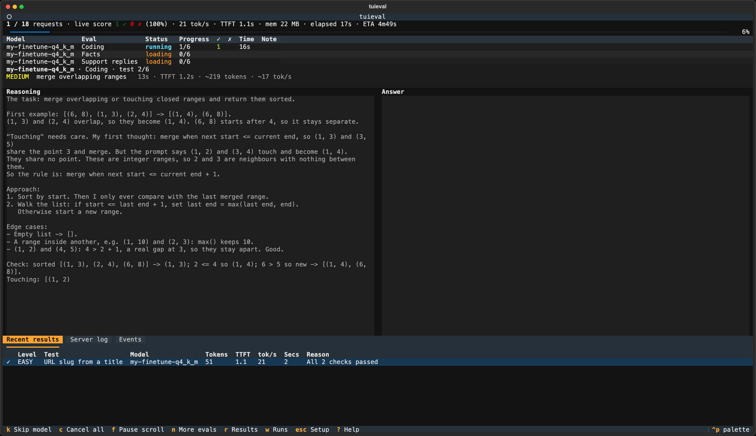 tuieval's run screen with a model's reasoning streaming in for a coding question