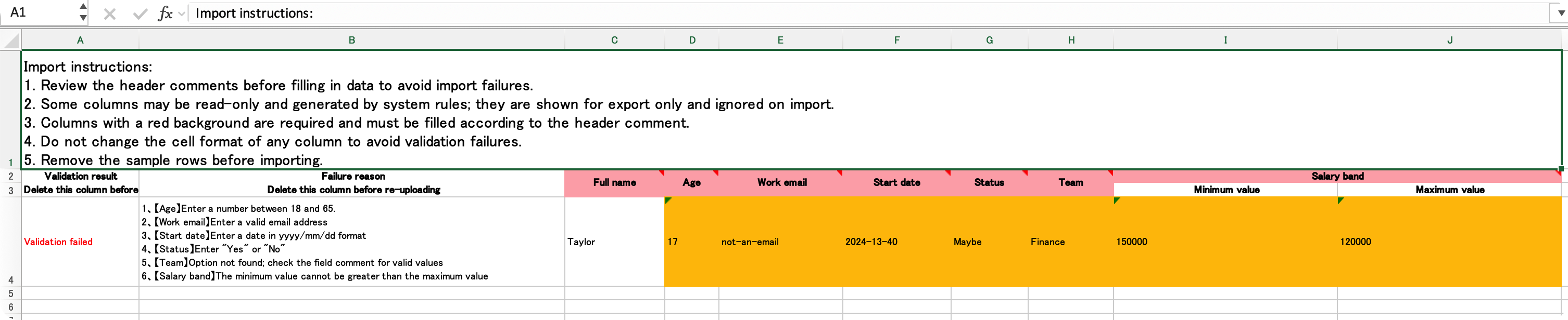 Excel import result screenshot