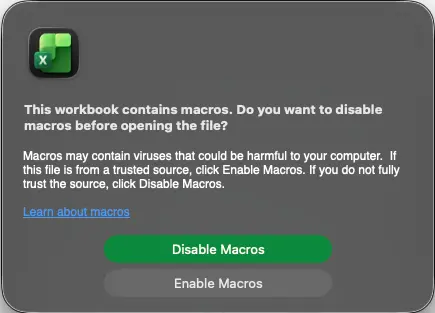 Enable macros prompt