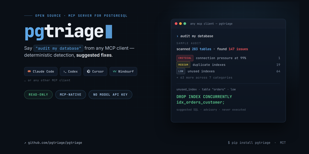 pgtriage: PostgreSQL performance auditing over MCP