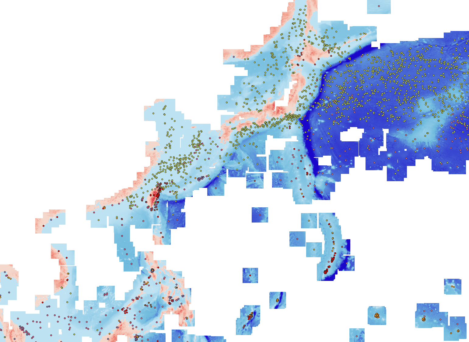 Illustration of an occurrence dataset enriched with bathymetry data